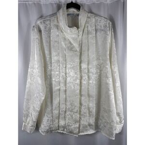 SHIP 'N SHORE Vintage White Floral Jacquard‎ Blouse Shirt Size 12 Grandmacore